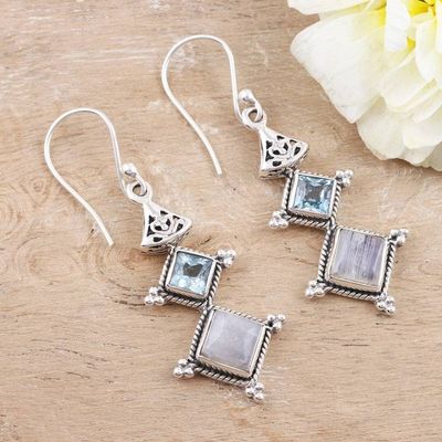 Primary image for Rainbow Moonstone and Blue Topaz Dangle Earrings Three Clouds