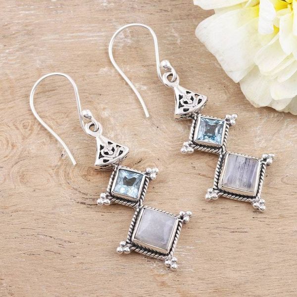 Alternate image for Rainbow Moonstone and Blue Topaz Dangle Earrings Three Clouds