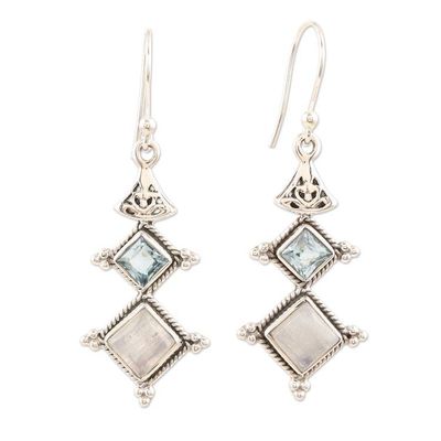 Alternate image for Rainbow Moonstone and Blue Topaz Dangle Earrings Three Clouds