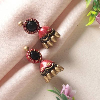 Alternate image for Hand-Painted Red and Gold Ceramic Jhumki Statement Earrings Jhumki Vibrancy