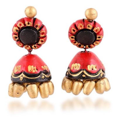 Alternate image for Hand-Painted Red and Gold Ceramic Jhumki Statement Earrings Jhumki Vibrancy