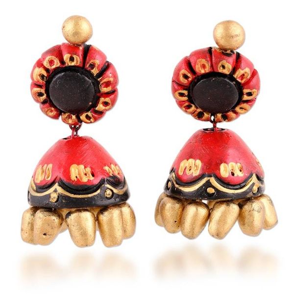 Alternate image for Hand-Painted Red and Gold Ceramic Jhumki Statement Earrings Jhumki Vibrancy