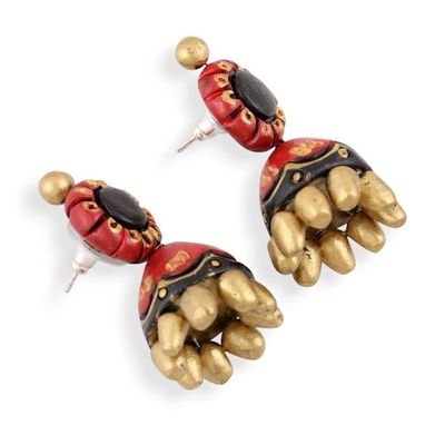 Alternate image for Hand-Painted Red and Gold Ceramic Jhumki Statement Earrings Jhumki Vibrancy
