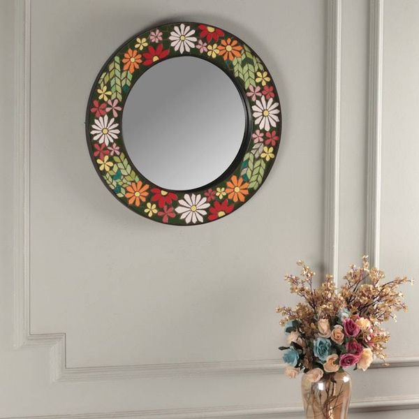 Alternate image for Multicolor Spring-Patterned Round Ceramic Mosaic Mirror Cycle of Spring Blooms