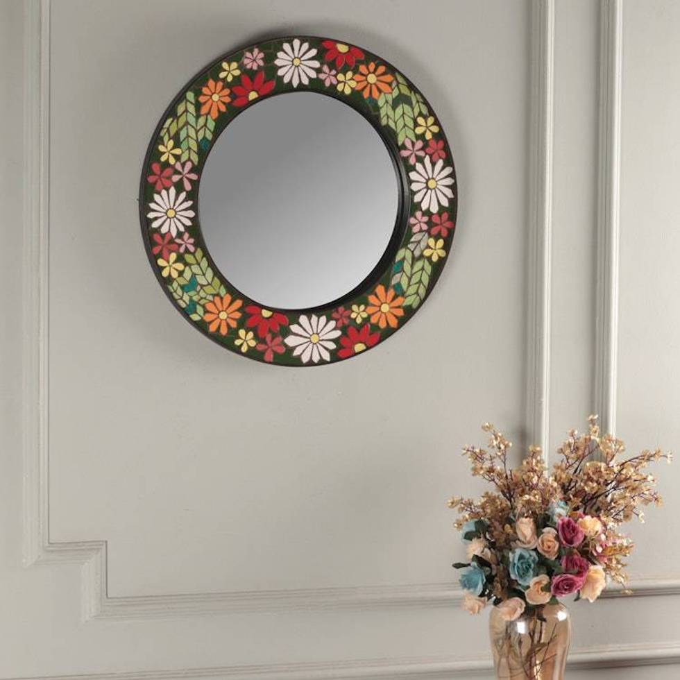 Multicolor Spring-Patterned Round Ceramic Mosaic Mirror 'Cycle of Spring Blooms'