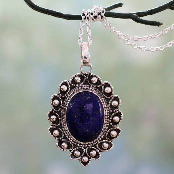 Alternate image for Lapis Lazuli and Sterling Silver Flower Necklace from India Blossoming Legacy