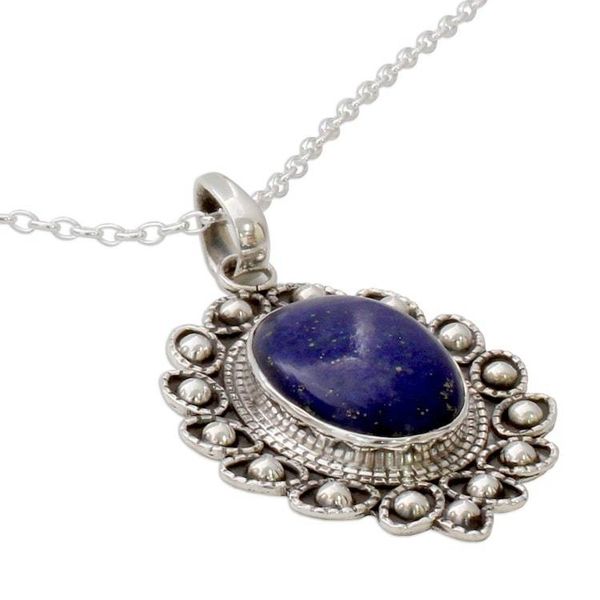 Alternate image for Lapis Lazuli and Sterling Silver Flower Necklace from India Blossoming Legacy