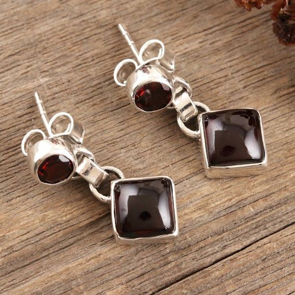 Alternate image for Garnet and Sterling Silver Dangle Earrings Handmade in India Precious Red