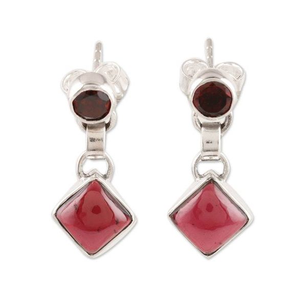 Alternate image for Garnet and Sterling Silver Dangle Earrings Handmade in India Precious Red