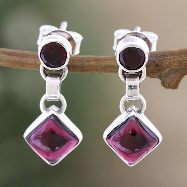 Alternate image for Garnet and Sterling Silver Dangle Earrings Handmade in India Precious Red