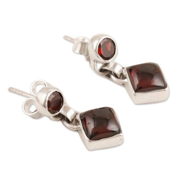 Alternate image for Garnet and Sterling Silver Dangle Earrings Handmade in India Precious Red