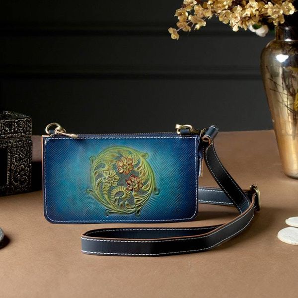 Alternate image for Floral-Themed Embossed Leather Sling with Removable Strap Teal Circle of Blossoms