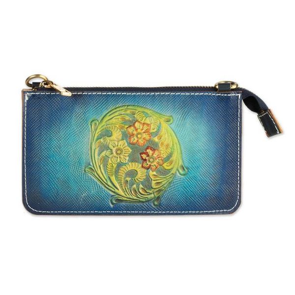 Alternate image for Floral-Themed Embossed Leather Sling with Removable Strap Teal Circle of Blossoms