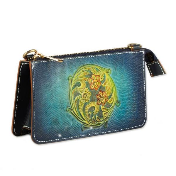 Alternate image for Floral-Themed Embossed Leather Sling with Removable Strap Teal Circle of Blossoms
