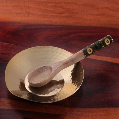 Primary image for Brass-Plated Handcrafted Spoon Rest with Hammered Finish Hammered Textures