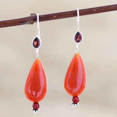 Alternate image for Handmade Carnelian and Garnet Dangle Earrings from India Fan the Flame