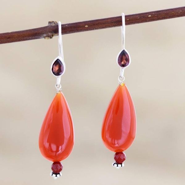 Alternate image for Handmade Carnelian and Garnet Dangle Earrings from India Fan the Flame
