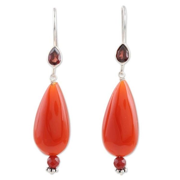 Alternate image for Handmade Carnelian and Garnet Dangle Earrings from India Fan the Flame