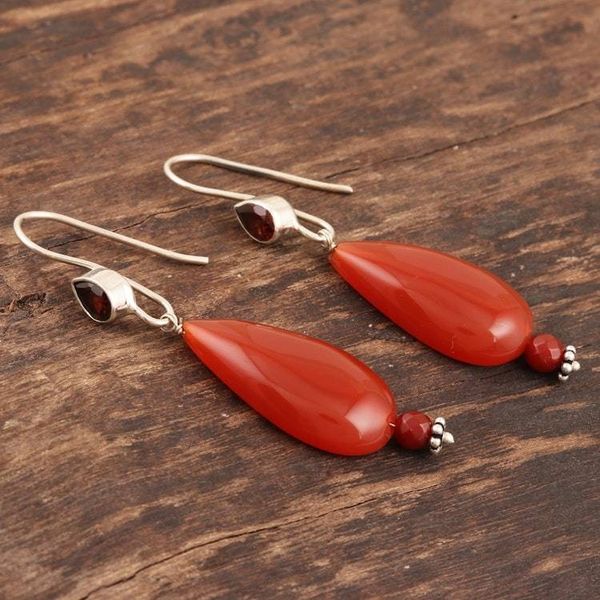 Alternate image for Handmade Carnelian and Garnet Dangle Earrings from India Fan the Flame