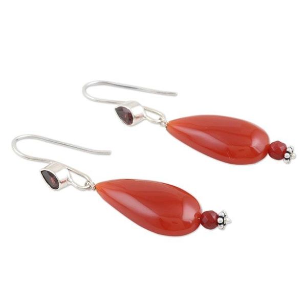 Alternate image for Handmade Carnelian and Garnet Dangle Earrings from India Fan the Flame