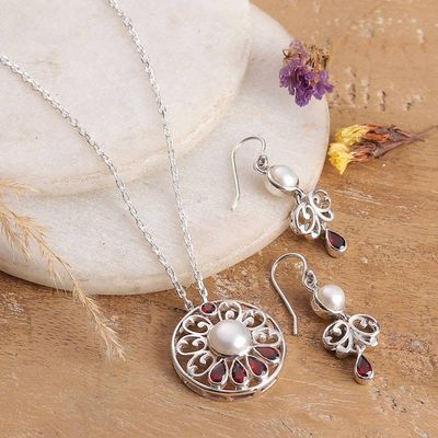 Primary image for Natural Cream Pearl and Faceted Garnet Floral Jewelry Set Romantic Sparkle