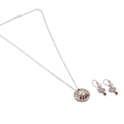 Alternate image for Natural Cream Pearl and Faceted Garnet Floral Jewelry Set Romantic Sparkle