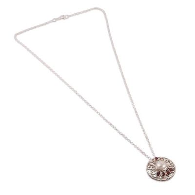 Alternate image for Natural Cream Pearl and Faceted Garnet Floral Jewelry Set Romantic Sparkle