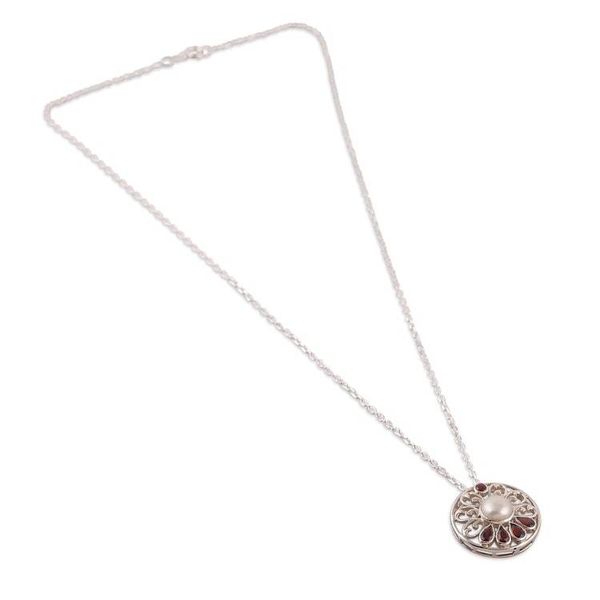 Alternate image for Natural Cream Pearl and Faceted Garnet Floral Jewelry Set Romantic Sparkle