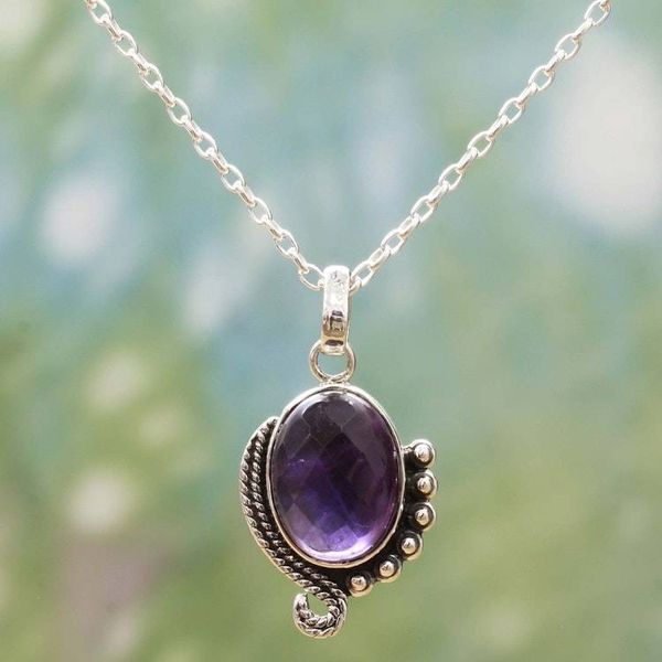 Alternate image for Sterling Silver Amethyst Pendant Necklace from India Indian Delight in Purple