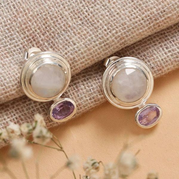 Alternate image for Rainbow Moonstone Amethyst Sterling Silver Drop Earrings Depth of Glamor