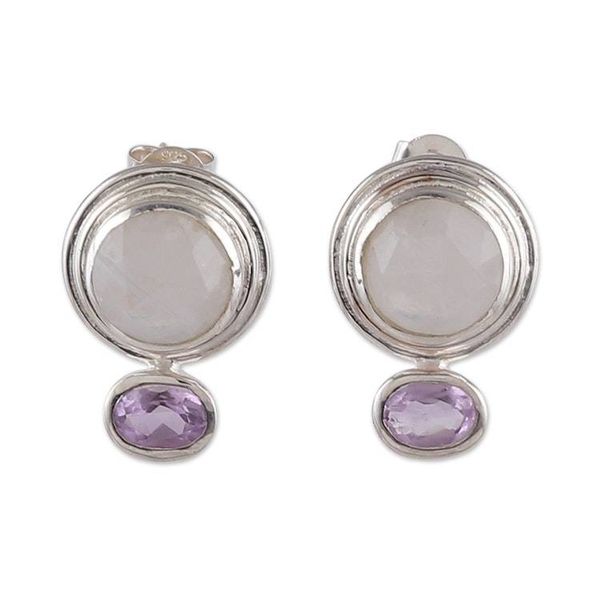 Alternate image for Rainbow Moonstone Amethyst Sterling Silver Drop Earrings Depth of Glamor