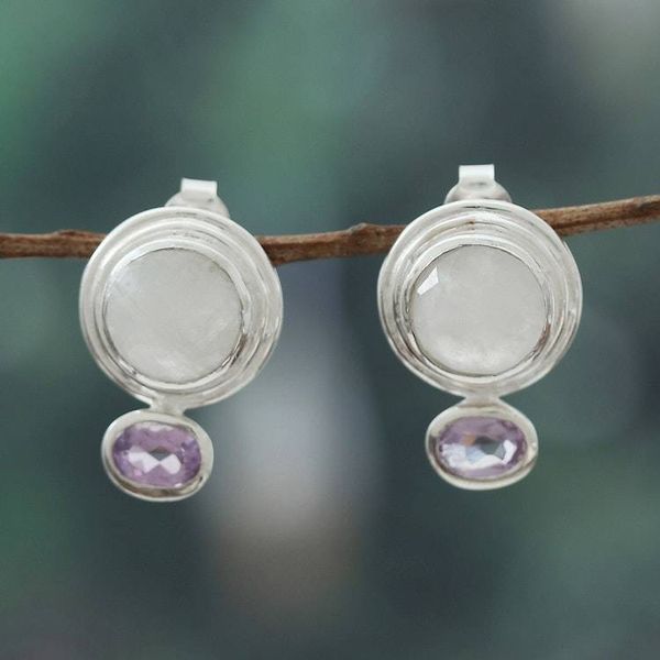 Alternate image for Rainbow Moonstone Amethyst Sterling Silver Drop Earrings Depth of Glamor