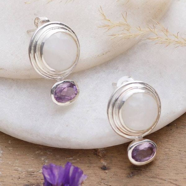 Alternate image for Rainbow Moonstone Amethyst Sterling Silver Drop Earrings Depth of Glamor