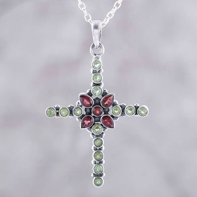 Primary image for Peridot and Garnet Cross Pendant Necklace from India Glistening Cross