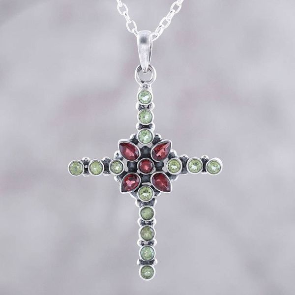 Alternate image for Peridot and Garnet Cross Pendant Necklace from India Glistening Cross