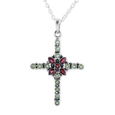 Alternate image for Peridot and Garnet Cross Pendant Necklace from India Glistening Cross