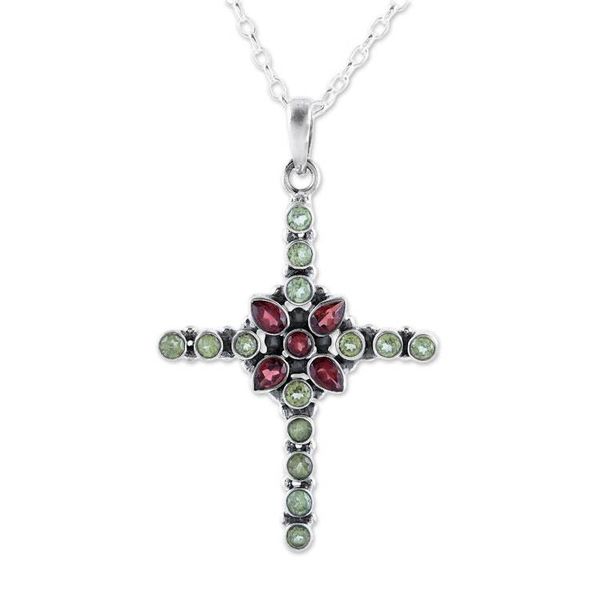 Alternate image for Peridot and Garnet Cross Pendant Necklace from India Glistening Cross