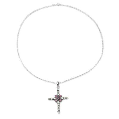 Alternate image for Peridot and Garnet Cross Pendant Necklace from India Glistening Cross