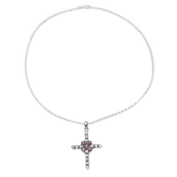 Alternate image for Peridot and Garnet Cross Pendant Necklace from India Glistening Cross