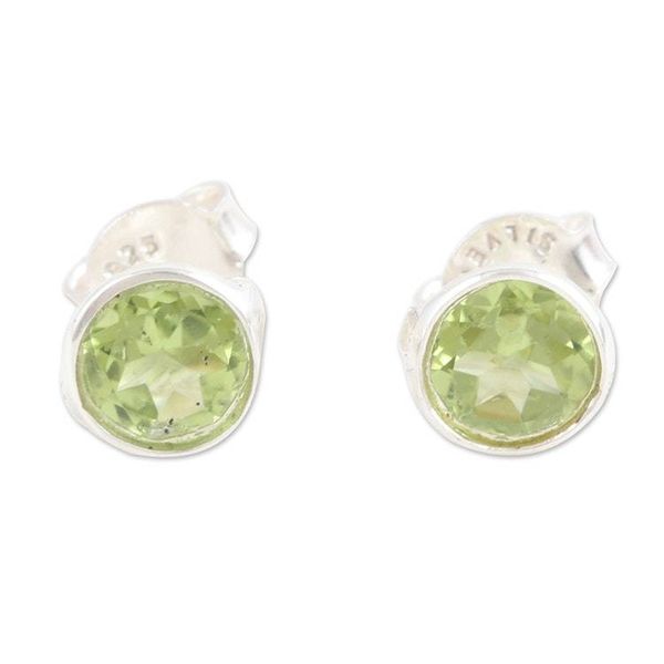 Alternate image for Polished Sterling Silver Peridot Stud Earrings from India Green Night