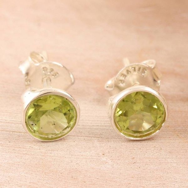 Alternate image for Polished Sterling Silver Peridot Stud Earrings from India Green Night
