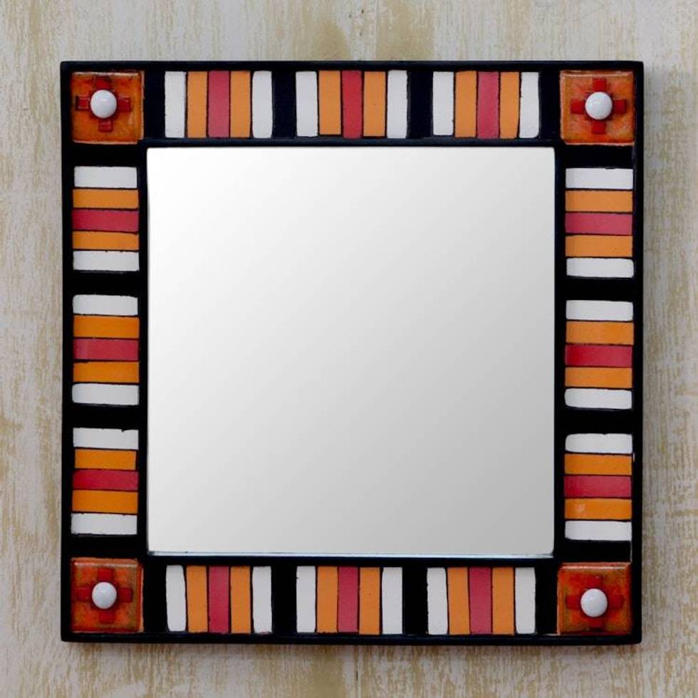 Square Wall Mirror and Frame Artisan Crafted Ceramic 'Sunshine Reflection'