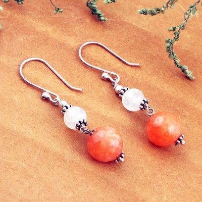 Alternate image for Hand Crafted Agate and Rainbow Moonstone Dangle Earrings Warm Light