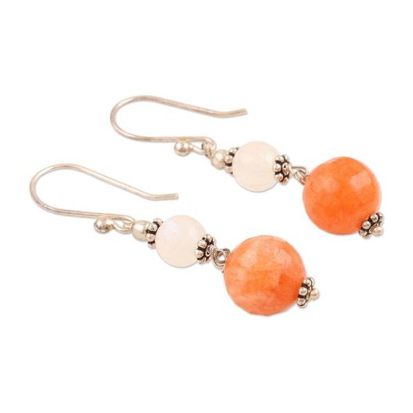 Alternate image for Hand Crafted Agate and Rainbow Moonstone Dangle Earrings Warm Light