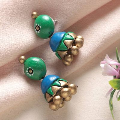Primary image for Hand-Painted Green Blue Ceramic Jhumki Statement Earrings Jhumki Splendor