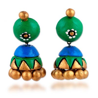 Alternate image for Hand-Painted Green Blue Ceramic Jhumki Statement Earrings Jhumki Splendor
