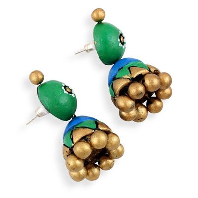 Alternate image for Hand-Painted Green Blue Ceramic Jhumki Statement Earrings Jhumki Splendor