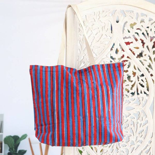 Alternate image for Striped Cotton Tote Bag with Block-Printed Pattern in Blue Blue Roads