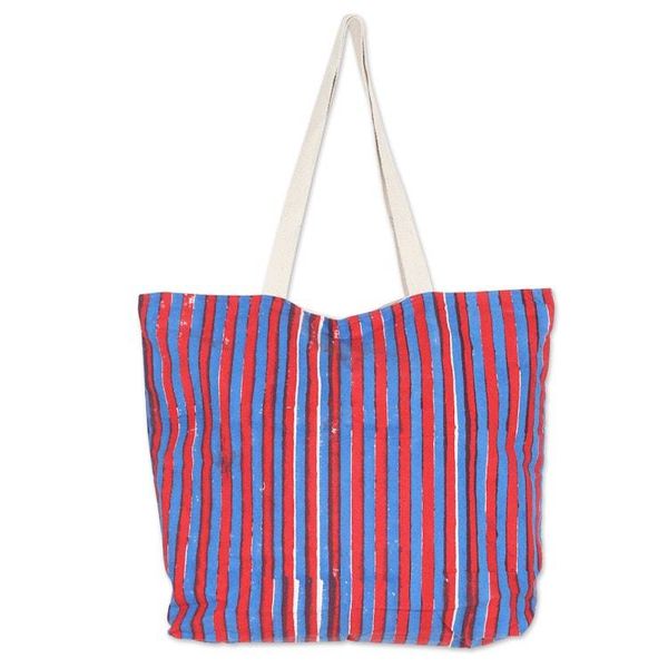 Alternate image for Striped Cotton Tote Bag with Block-Printed Pattern in Blue Blue Roads