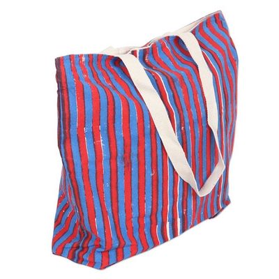 Alternate image for Striped Cotton Tote Bag with Block-Printed Pattern in Blue Blue Roads